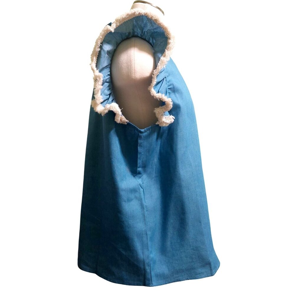 NWT Voy Blue Sleeveless Ruffle Top With Tie Back~Fringe Tip Sleeve~Size LARGE - Picture 3 of 8